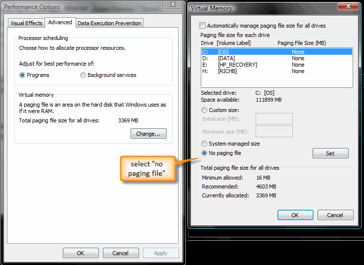 disable paging file in Windows
